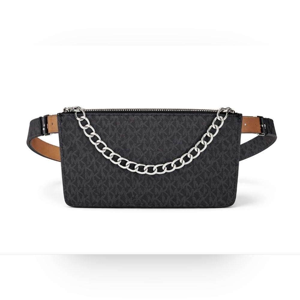 Michael Kors Black MK Logo Fanny Pack Belt Bag Chain Accent Zip Waist Crossbody.